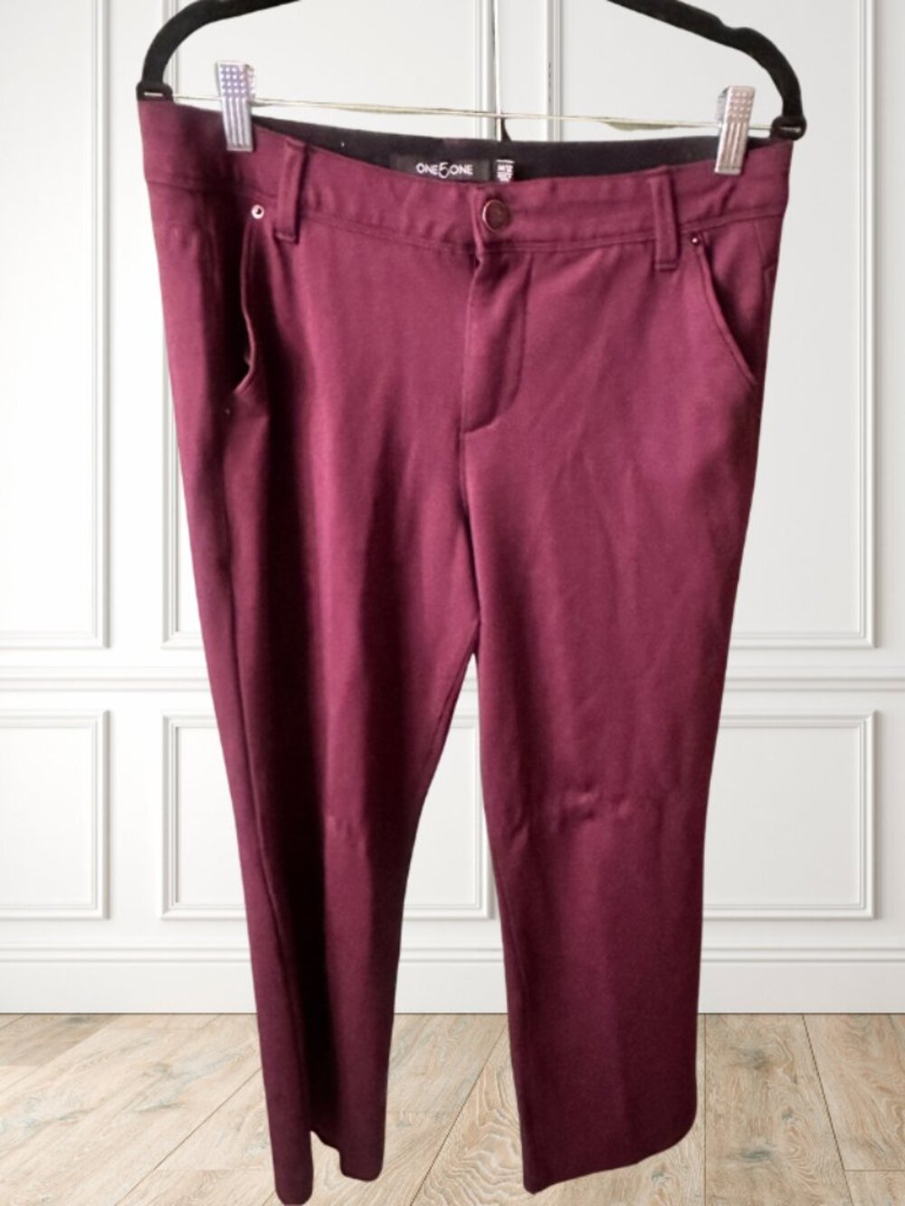 One5One Burgundy Skinny Pants Women's 14 Stretch Ankle Mid Rise